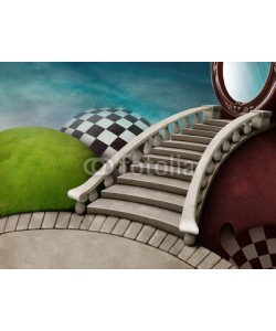 annamei, Fabulous background with staircase and mirror for poster or illustration adventure Wonderland