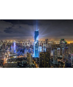 Sakrapee Nopparat, Celebration business buildings at Bangkok city with skyline at night, Thailand.