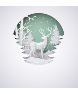 kengmerry, Deer in forest with snow in the winter season and christmas.vector paper art style.