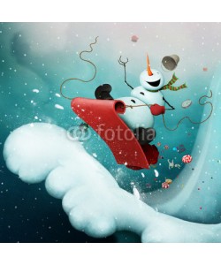 annamei, Conceptual illustration for greeting card for Christmas or New Year with  Crazy Snowman, racing with  snowy mountain on  sled with gifts.