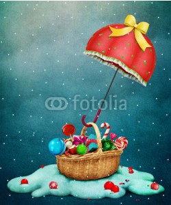 annamei, Fantasy Holiday greeting card for Christmas with Red umbrella with  gift basket