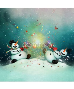 annamei, Winter holiday greeting card with two cheerful snowman with  Christmas cracker.