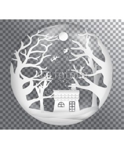 artdee2554, Xmas and happy new year glass ball on transparent background, paper art landscape with tree and house design. vector illustration