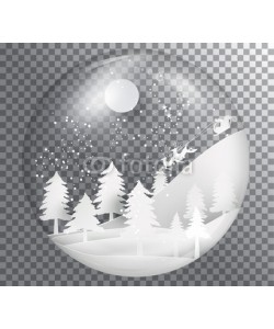 artdee2554, Xmas and happy new year glass ball on transparent background, paper art landscape with tree and house design. vector illustration