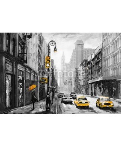 lisima, oil painting on canvas, street view of New York, man and woman, yellow taxi,  modern Artwork,  American city, illustration New York