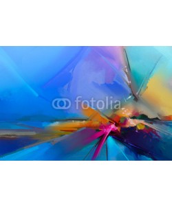 nongkran_ch, Abstract colorful oil painting on canvas texture. Semi- abstract image of landscape paintings background. Modern art oil paintings with yellow, red and blue. Abstract contemporary art for background