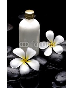 Mee Ting, Two frangipani flowers and massage oil on pebbles