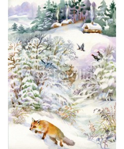 Nadiia Starovoitova, Winter landscape with a house and a fox