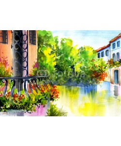 max5799, watercolor painting - flowers near the house