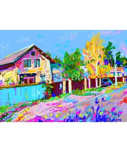 Kara-Kotsya, digital painting of autumn rural landscape with hut