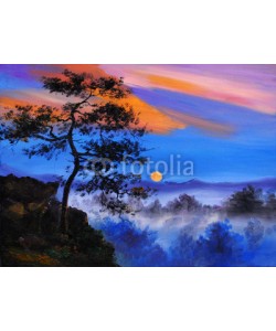 max5799, abstract oil painting - tree on the mountain, on forest backgrou