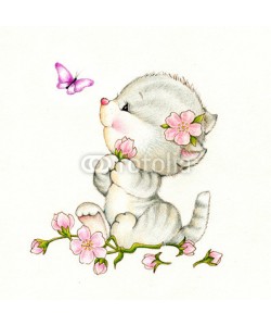 ciumac, Adorable kitten with flowers and butterfly