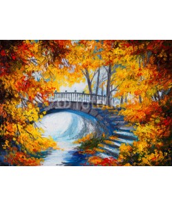 max5799, Oil Painting - autumn forest with a road and bridge over the roa