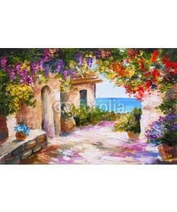 max5799, oil painting - house near the sea, colorful flowers, summer seascape