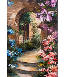 max5799, oil painting - summer terrace, colorful flowers in a garden, house in Greece