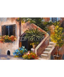 max5799, oil painting - summer terrace, colorful flowers in a garden, house in Greece