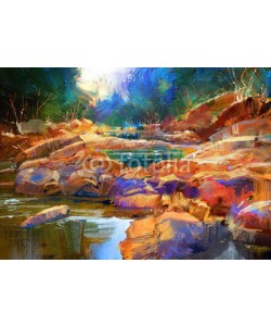 grandfailure, beautiful fall river lines with colorful stones in autumn forest,digital painting