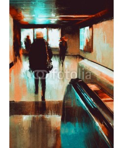 grandfailure, digita painting showing rear view of city people urban scene abstract background