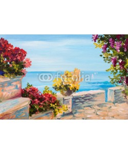 max5799, Oil painting landscape - terrace near the sea, flowers