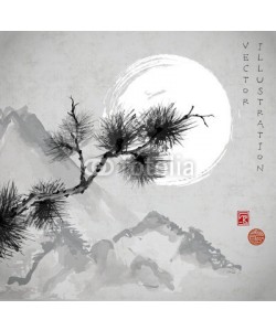 elinacious, Pine tree branch, mountains and the Moon