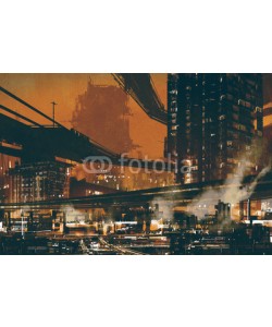 grandfailure, sci fi scene showing futuristic industrial cityscape,illustration