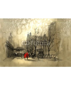 grandfailure, couple in red walking on street of city,freehand sketch