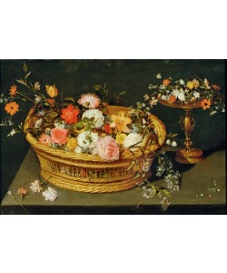 Jan BRUEGHEL DER Jüngere, Stilleben mit Blumenkorb und vergoldeter Silberschale