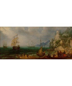 Adam Willarts, Felsige Küstenlandschaft mit Segelschiffen und Fischern