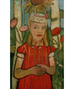 Paula Modersohn-Becker, Mädchen in rotem Kleid vor Sonnenblume