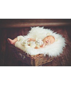 JenkoAtaman, Cute newborn baby in bear hat sleeps in basket with toy teddy be