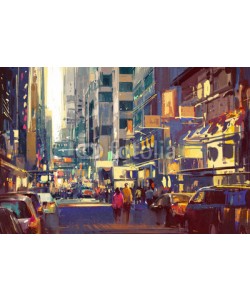 grandfailure, colorful painting of people walking on city street,cityscape illustration