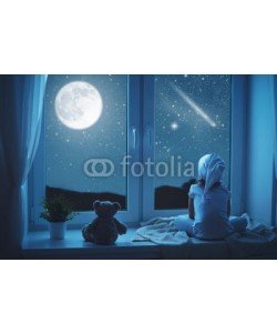 JenkoAtaman, child little girl at window dreaming and admiring starry sky at