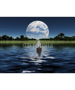 rolffimages, Figure in white robe in boat with blue Planet on the horizon