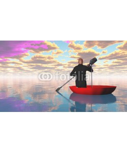 rolffimages, man rowing oars in the red upturned umbrella on water