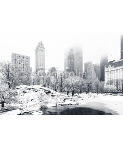 mandritoiu, The Pond in Central Park on a foggy winter morning, as viewed from Gapstow Bridge. Low clouds cover Manhattan skyscrapers