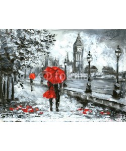 lisima, oil painting, street view of london. Artwork, Black, white and red, big ben