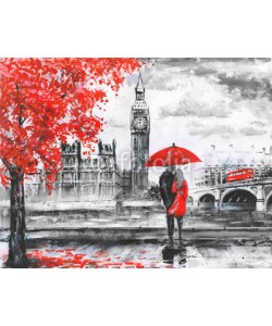 lisima, .oil painting on canvas, street view of london, river and bus on bridge. Artwork. Big ben. man and woman under a red umbrella