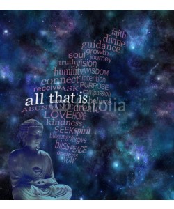 Nikki Zalewski, ALL THAT IS deep space background - dark blue night sky with lotus position Buddha statue in left bottom corner and an ALL THAT IS word cloud floating up to right corner with copy space