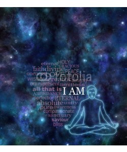 Nikki Zalewski, I AM Meditation Word Cloud  - Night sky deep space background dark banner with  male lotus position glowing silhouette on right side and a transparent word cloud surrounding I AM in white