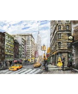 lisima, oil painting on canvas, street view of New York, man and woman, yellow taxi,  modern Artwork,  American city, illustration New York