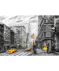 lisima, oil painting on canvas, street view of New York, man and woman, yellow taxi,  modern Artwork, New York in gray and yellow colors, American city, illustration New York