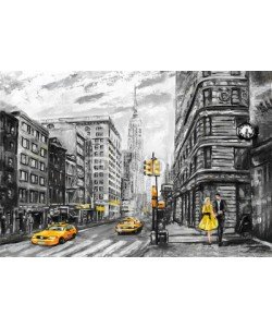 lisima, oil painting on canvas, street view of New York, man and woman, yellow taxi,  modern Artwork, New York in gray and yellow colors, American city, illustration New York