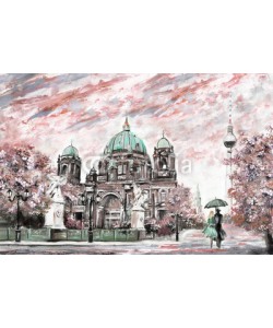 lisima, oil painting on canvas, street view of Berlin,  Artwork European landscape in sepia, green and pink color. man and woman under umbrella. Trees, Cathedral, Tower