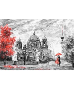 lisima, oil painting on canvas, street view of Berlin,  Artwork European landscape in black, white and red color. man and woman under umbrella. Trees, Cathedral, Tower