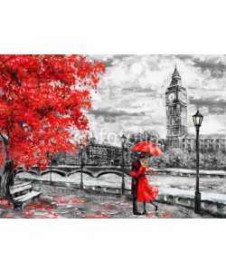 lisima, oil painting on canvas, street of london. Artwork. Big ben. man and woman under an red umbrella. Tree. England. Bridge and river