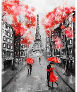 lisima, Oil Painting, Paris. european city landscape. France, Wallpaper, eiffel tower. Black, white and red, Modern art. Couple under an umbrella on street