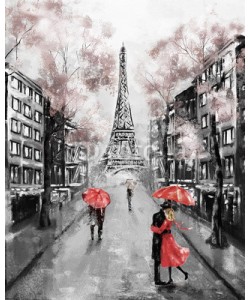 lisima, Oil Painting, Paris. european city landscape. France, Wallpaper, eiffel tower. Modern art. Couple under an umbrella on street