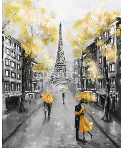 lisima, Oil Painting, Paris. european city landscape. France, Wallpaper, eiffel tower. Black, white and yellow, Modern art. Couple under an umbrella on street