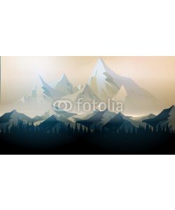 inbevel, Abstract Sunrise Mountains with Pine Forest - Vector Illustration
