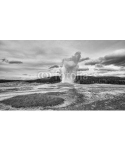 MaciejBledowski, Black and white picture of geyser eruption in Yellowstone National Park, Wyoming, USA.